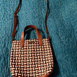 Frye Brown White Multi Woven Print Crossbody Bag Purse. NWOT